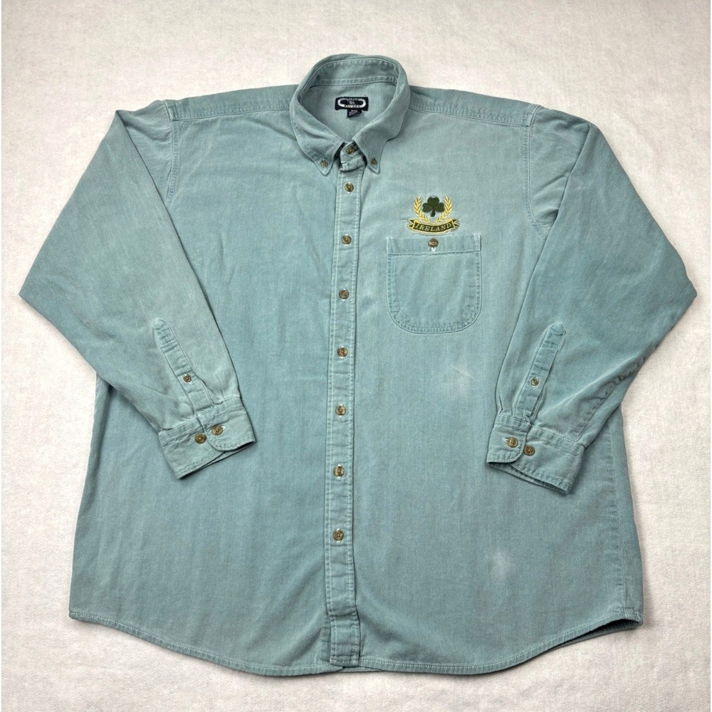 Three Rivers Mens XXL Ireland Shamrock Embroidered Cotton Button Down Shirt Teal